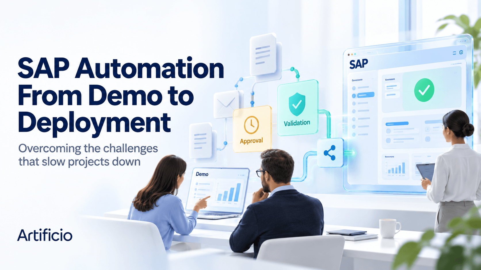 SAP automation deployment illustration showing document intake, approvals, validation, and a completed SAP transaction