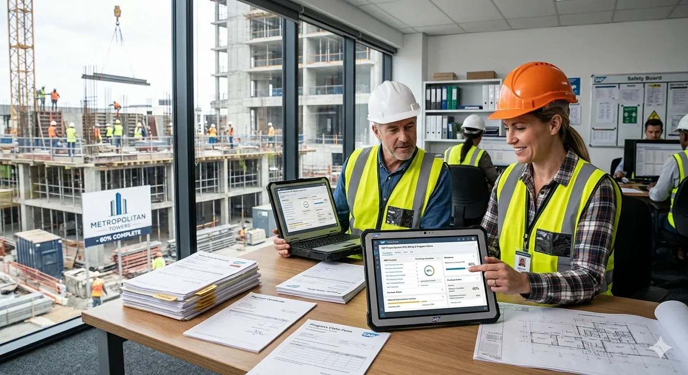 Construction site layout blueprint displayed on a tablet with hard hats in the background.