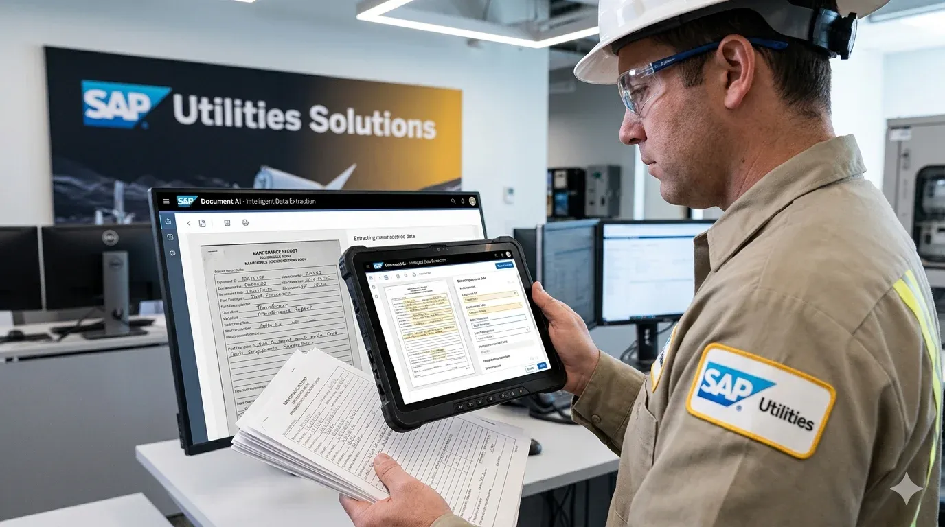 Digital tablet displaying a SAP Utilities interface for automating field service operations.