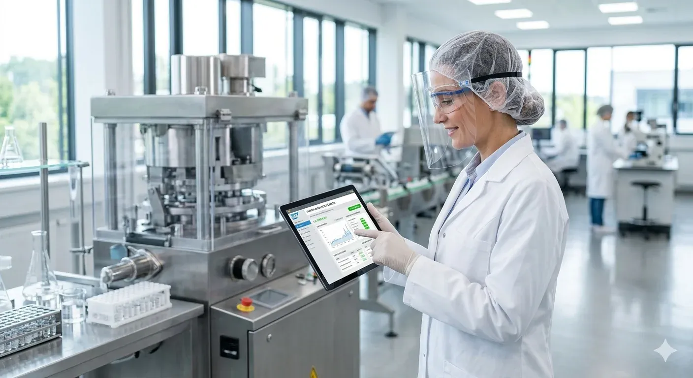 A clean, minimalist graphic with a medical cross or molecule icon alongside a modern tech interface, representing SAP digital solutions for the pharmaceutical industry.