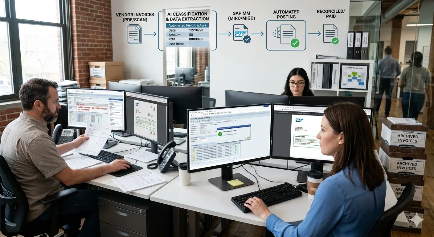 Digital illustration or graphic showing AI-driven document processing and automation within the SAP Materials Management (MM) module.